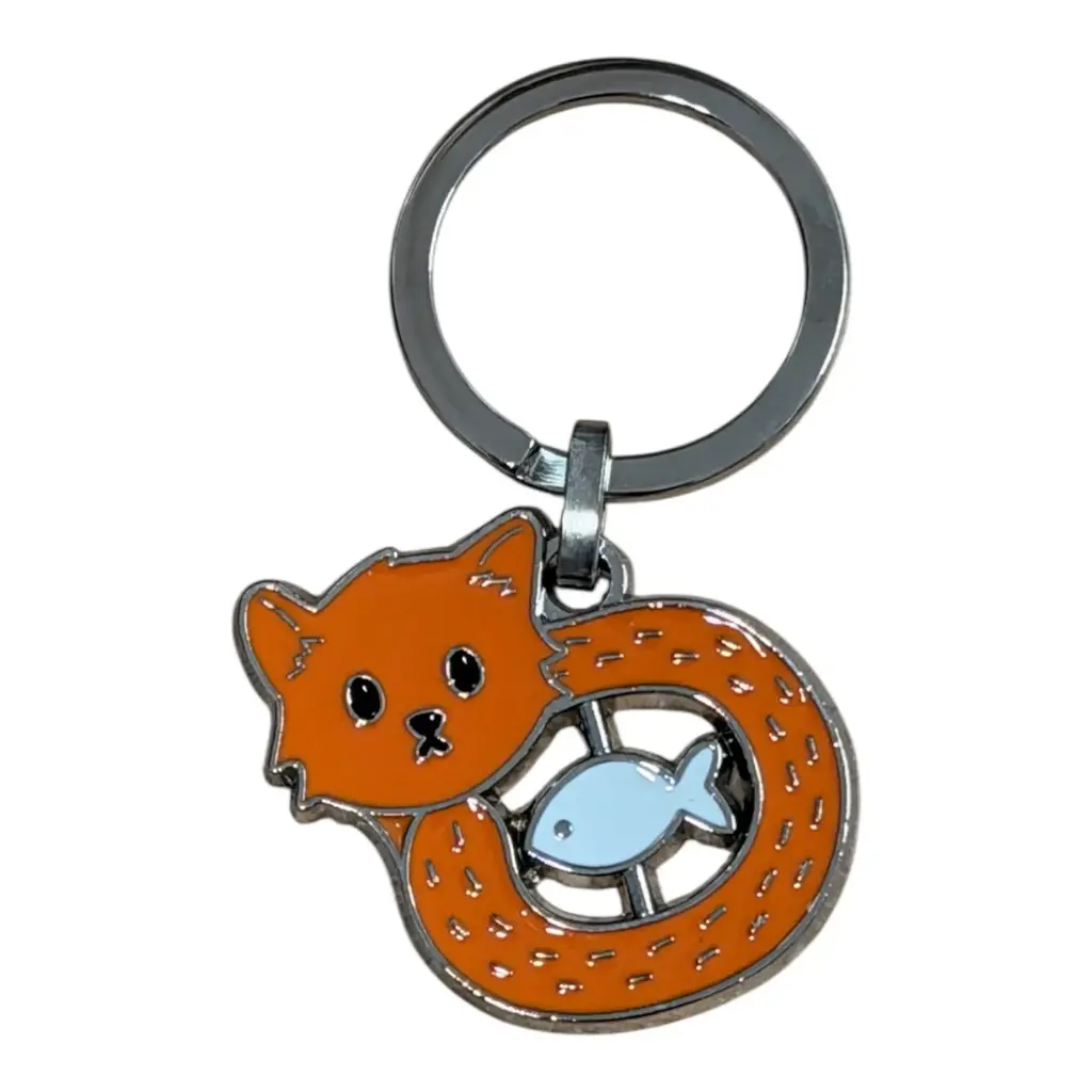 Porte-clé métal chat roux avec poisson blanc