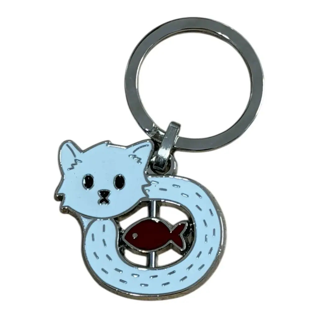 Porte-clé métal chat blanc avec poisson rouge