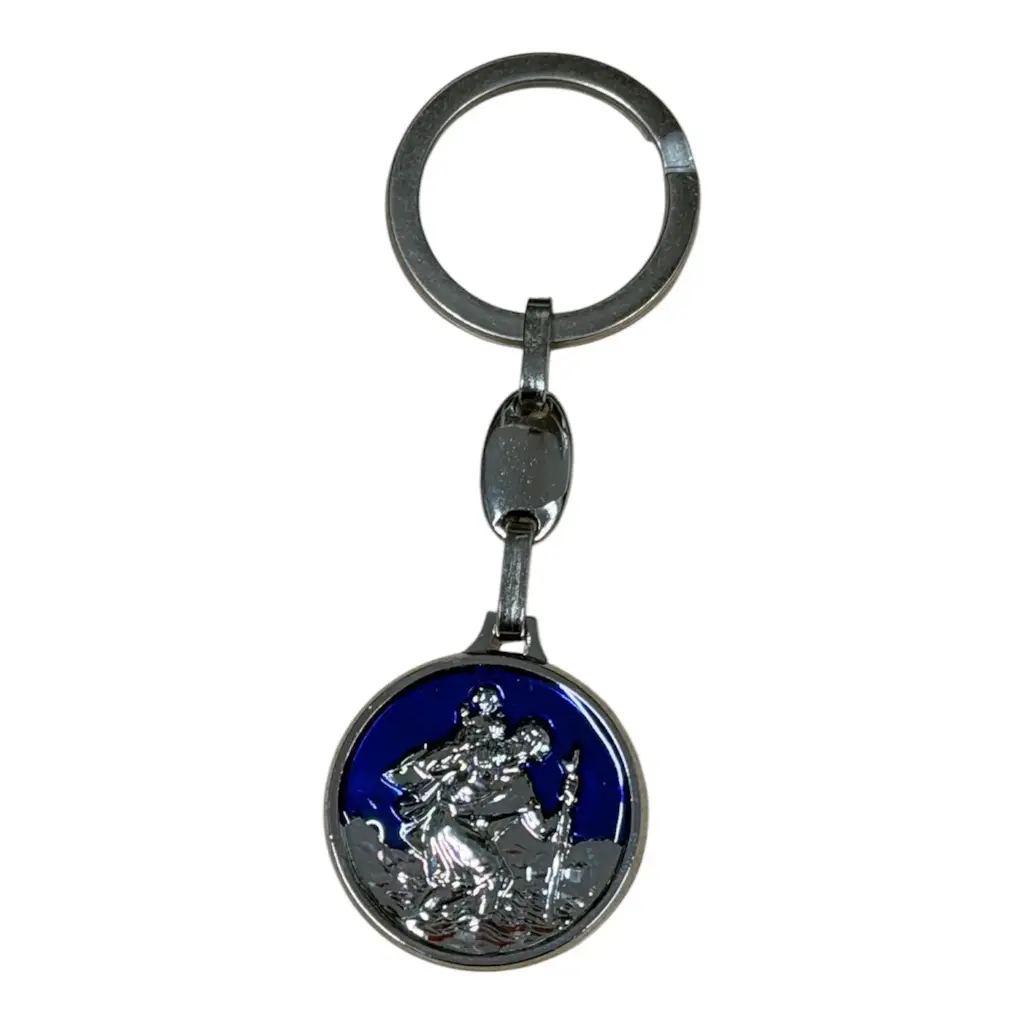 Porte-clé métal st christophe fond bleu