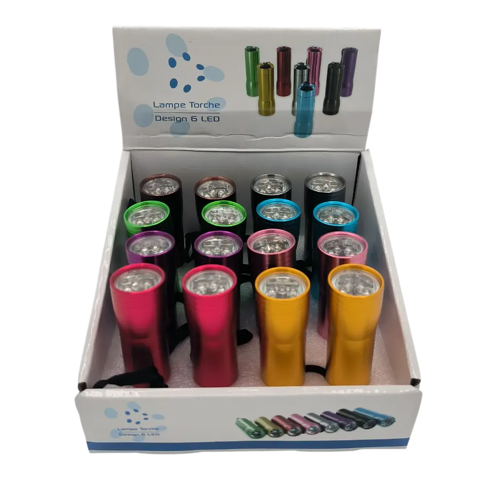Présentoir +  16 Portes-clé Lampe métal brillante 6 led 