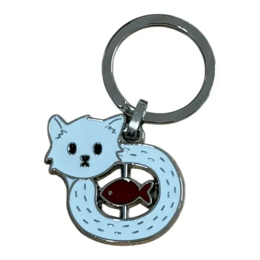 Porte-clé métal chat blanc avec poisson rouge